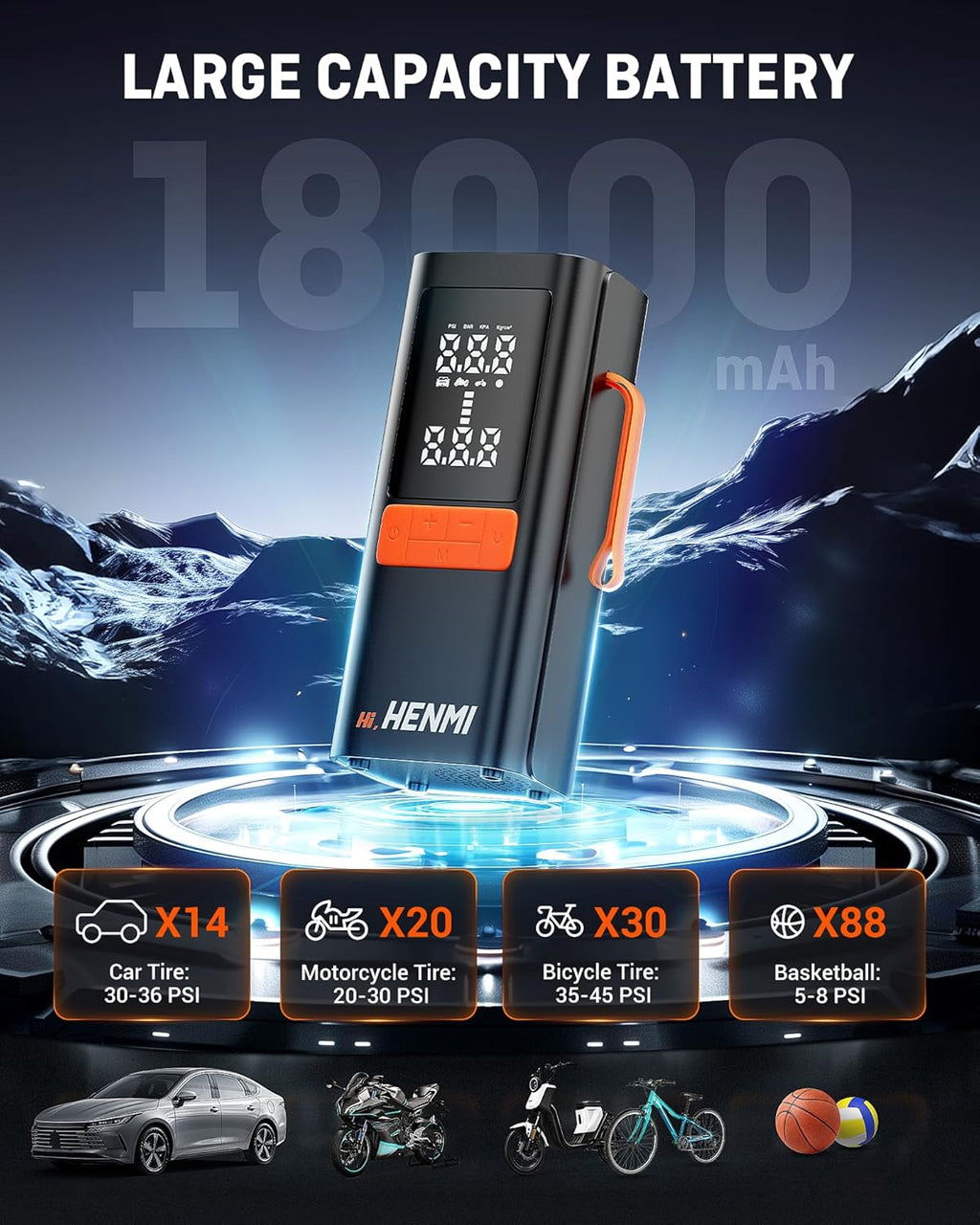 Tire Inflator Portable Air Compressor,Car Tire Air Pump Portable with Digital Pressure Gauge,18000mAh and 170 PSI Bike Tire Pump,Electric Air Pump for Motorcycle Tires,Bicycle Tires and Balls