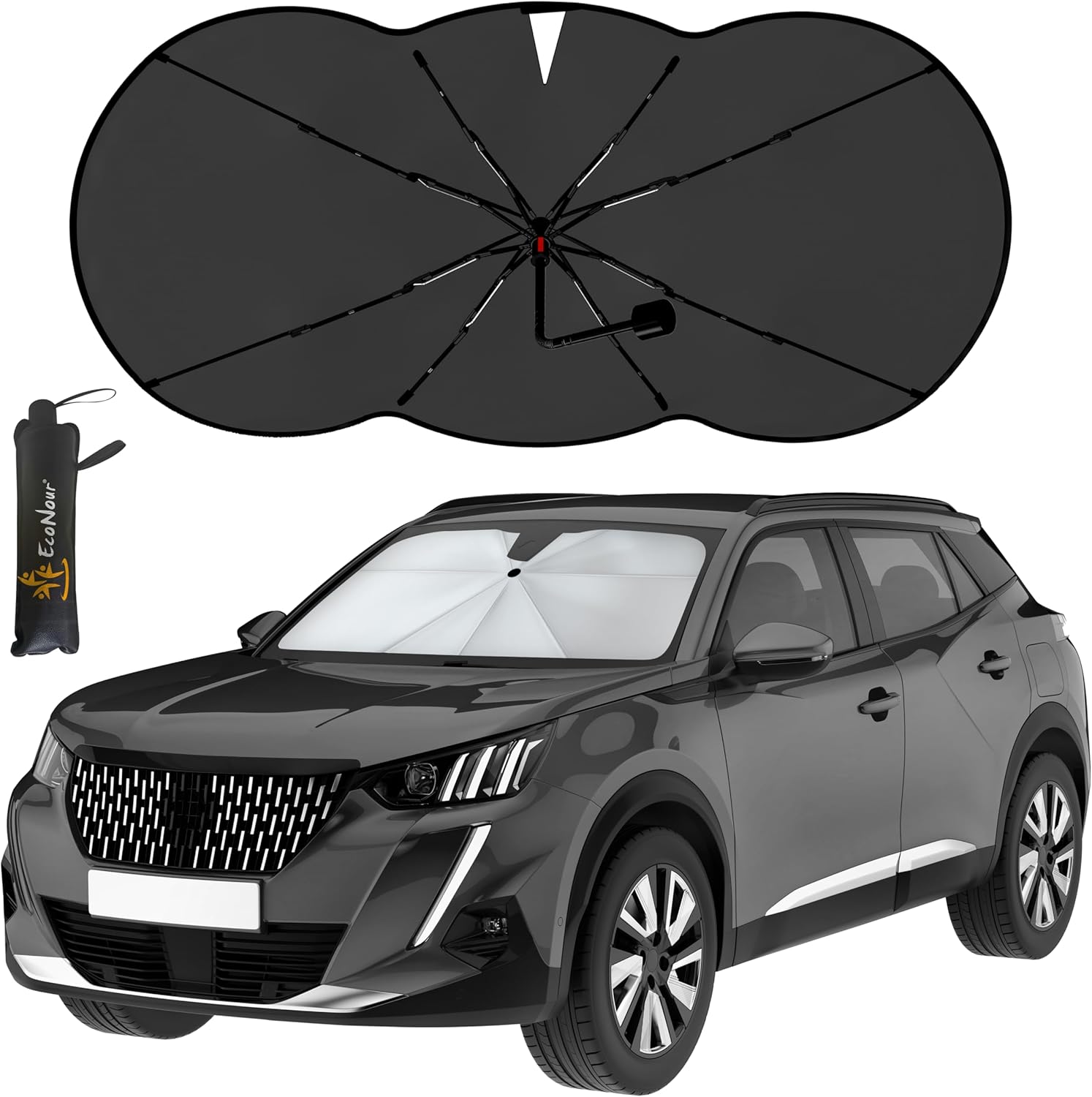 EcoNour Car Windshield Sunshade Umbrella | Foldable Car Umbrella Sun Shade Cover | Front Windshield Shade for Heat and UV Rays Protection | 240T Polyester Umbrella Sunshade | Large (57"x35")