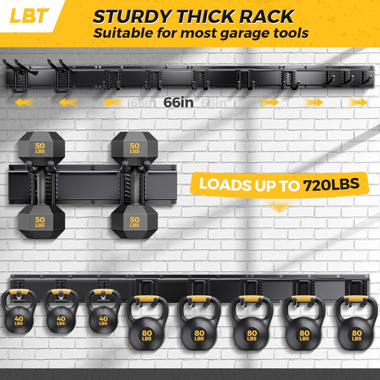 LBT 66" Garage Tool Organizer Wall Mount - 720lbs Garden Tool Organizer with Adjustable Hooks, Heavy Duty Metal Garage Storage Rack, Anti-Rust Shed Rack Holder Hanging Rake Broom Mower Snowboard