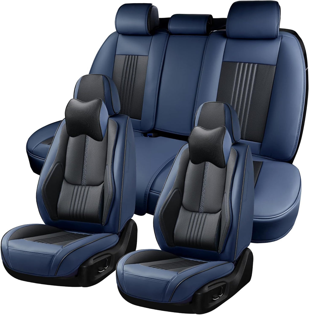 Car Seat Covers Full Set, Front and Rear Seat Covers for Cars, Waterproof Leather Auto Seat Protectors with Head Pillow, Car Seat Cushions Fit for Most Sedans SUV Pick-up Truck, Black&Navy