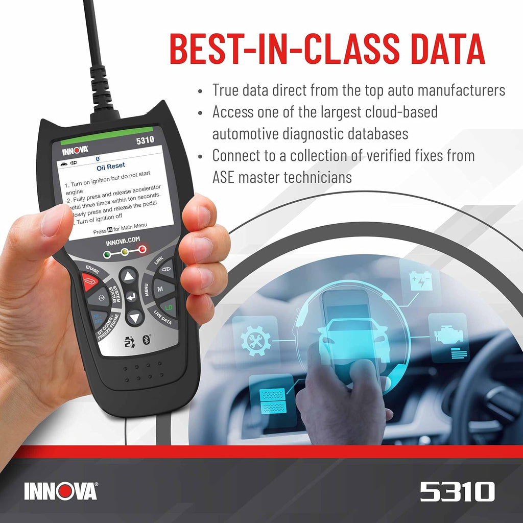 Innova 5310 OBD2 Scanner for ABS & Airbag (SRS) with Battery/Alt Test, Oil Light Reset, Live Data for 1996-2023 Vehicles, Accurate, Reliable, Easy to Use, iPhone & Android App Included