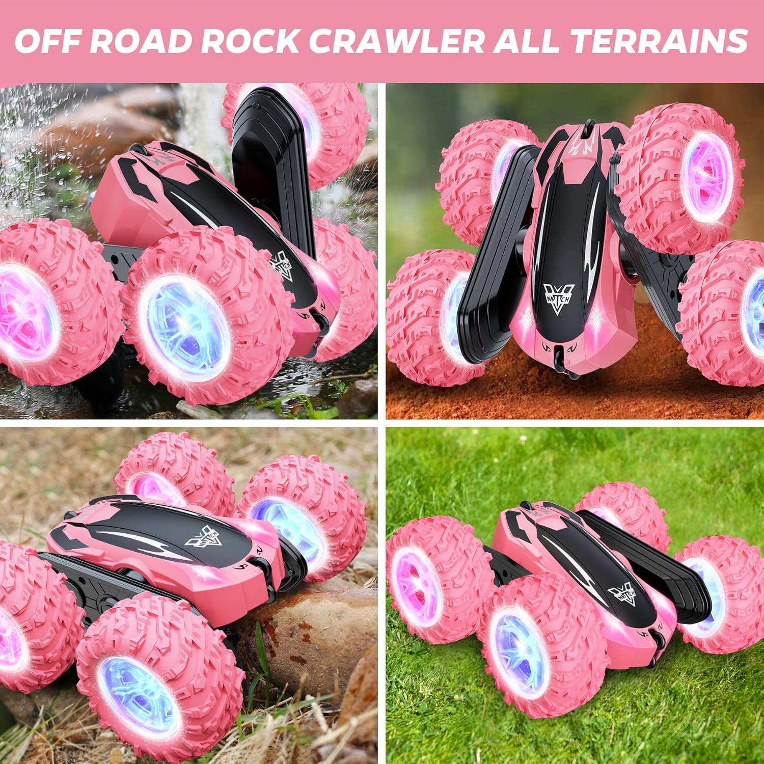 Remote Control Car, 2.4GHz RC Stunt Car, Double Sided 360° Rotating RC Cars with LED Headlight & LED Wheel, High Speed Off Road RC Crawler Xmas Gift for 3 4 5 6 7 8-12 Year Old Girls Toys (Pink)