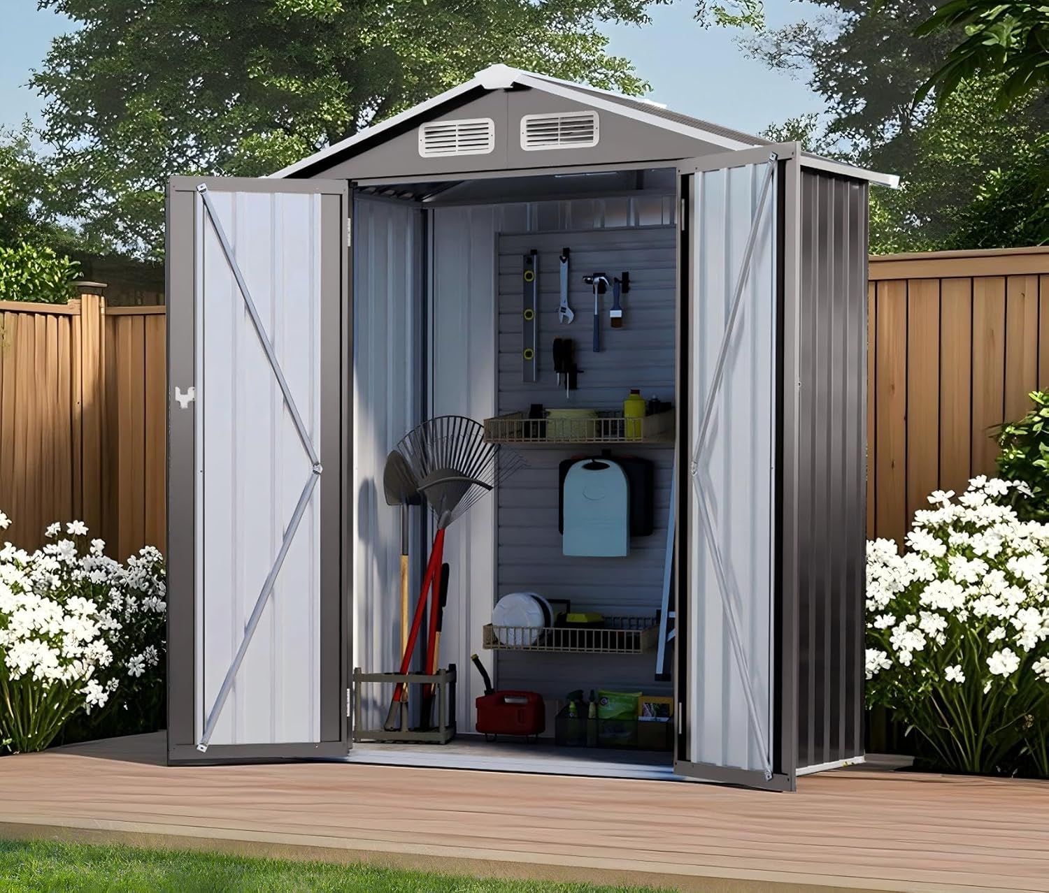 5X3 FT Metal Outdoor Storage Shed, Waterproof Tool House with Peaked Roof and Lockable Door, Weather-Resistant Garden Sheds for Backyard, Patio, Sundries and Bike Storage, Gray