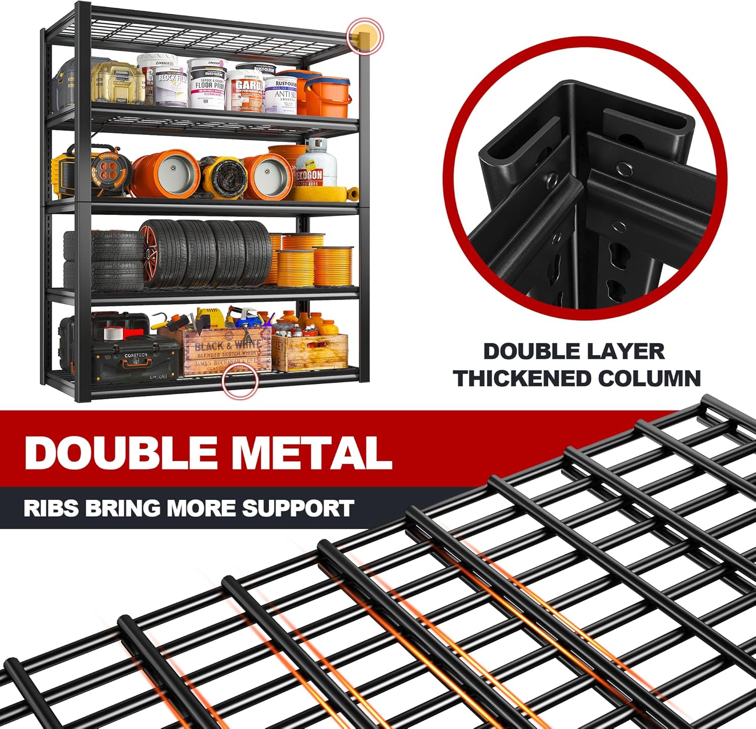 REIBII 48" W Garage Shelving Heavy Duty Load 2500LBS, 5 Tier Storage Shelves, Adjustable Metal Shelves for Warehouse, Pantry, Basement, 48" W X 72" H X18 D, 4PC