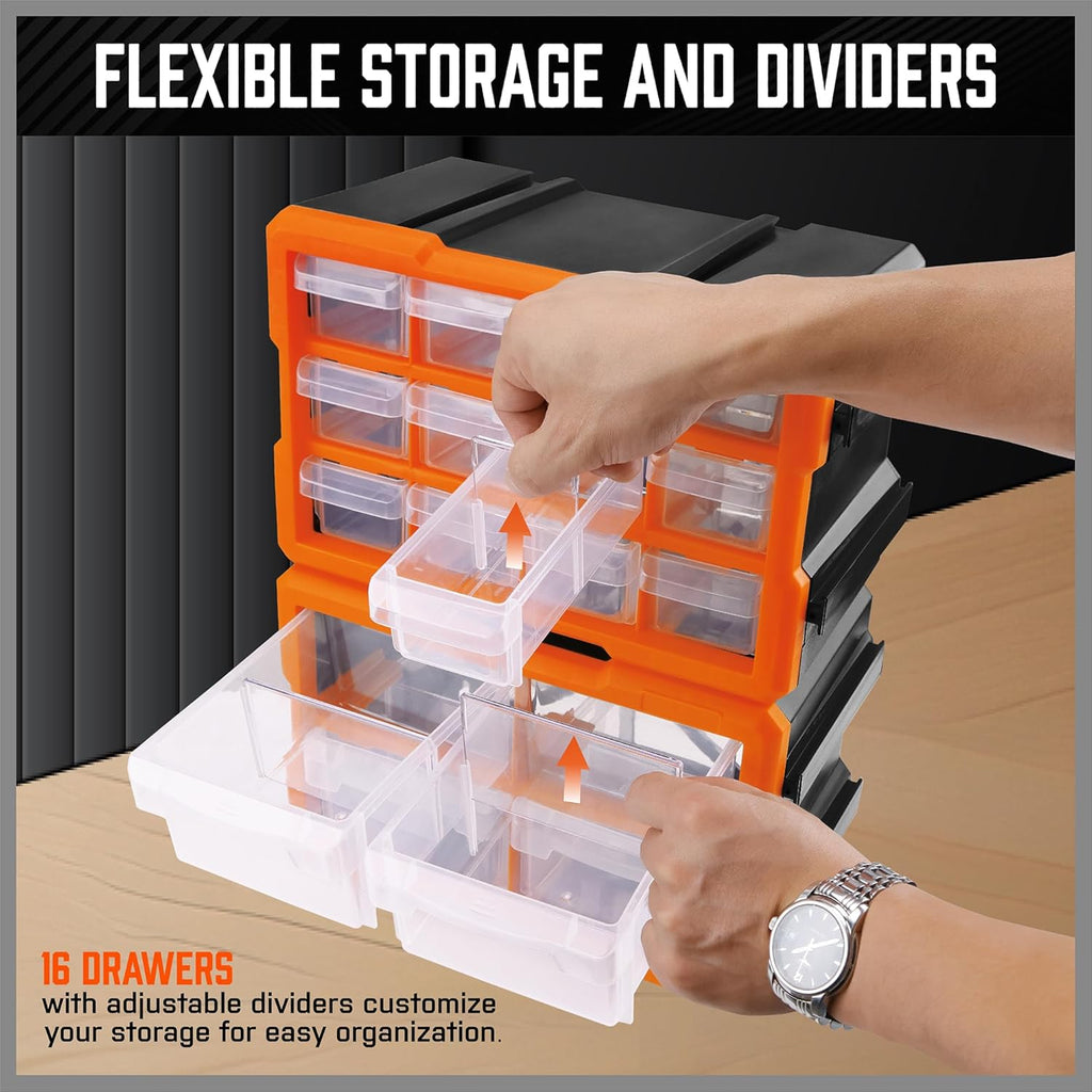 HORUSDY 16-Drawer Storage Cabinet, Wall Mountable Parts Organizer for Hardware, Tools, Screws, Beads, Crafts, Garage, and Office Storage, Customizable Dividable Drawers, Heavy-Duty & Durable