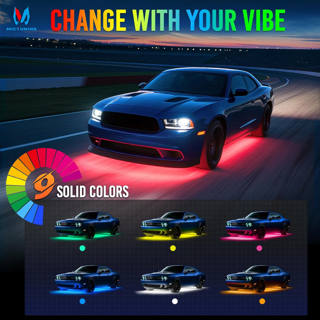 MICTUNING U8 RGBW Underglow LED Light Bars (8-Piece Kit) 888 Ultra-Bright LEDs, Dual Remotes, White+RGB Colors, IP68 Waterproof Aluminum Housing – for Cars, Trucks, SUVs, ATVs