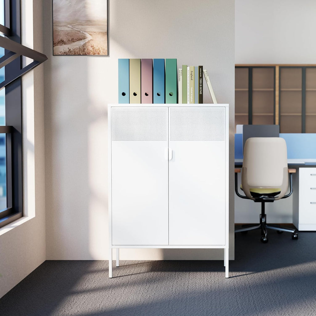 2 Mesh Door Metal Storage Cabinet with Adjustable Shelves, Multipurpose White Storage Cabinet, 3-Tier Office Cabinet,Metal Storage Cabinet for Office Home,Hallway (White, 47''H)