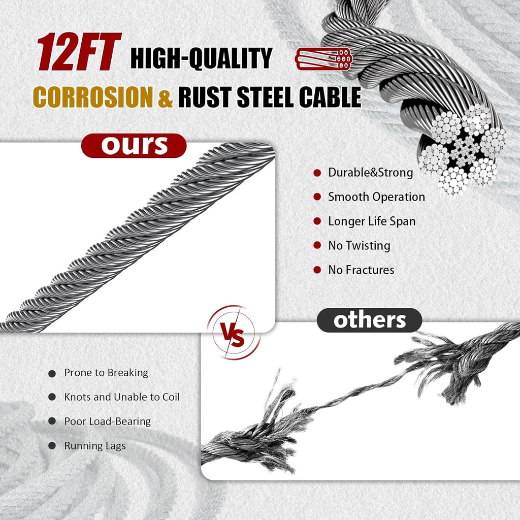 Come Along Winch 2T, Pulling Capacity 12 FT Steel Cable 2 Hooks, with Two 1"x8FT Lifting Straps, Heavy Duty Come Along Tool with Dual Gears, Heavy Duty Hoist Cable Puller for Vehicle Rescue
