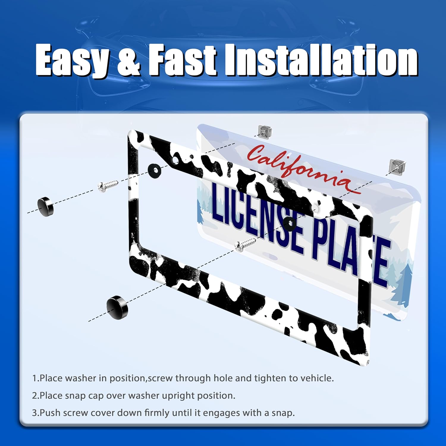 Black White Cows Texture License Plate Frame Animal Cowhide Print License Plate Stainless Steel Funny License Plate Holder Accessories Car Decoration with Screws Fits Standard Vehicles Size12.3 x6.3