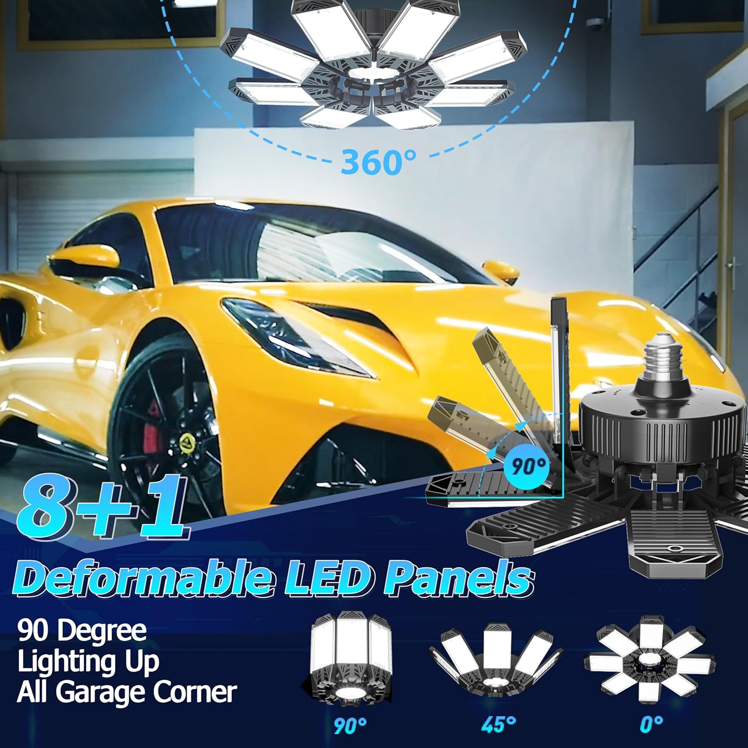 ISKYDRAW LED Garage Lights, 4 Pack Garage Lighting 260W 26000LM Bright Shop Ceiling Lights Screw Into E26 E27 Bulb Socket, Deformable 8+1 Panels 6500K Basement Bay Lighting for Workshop Barn Porch