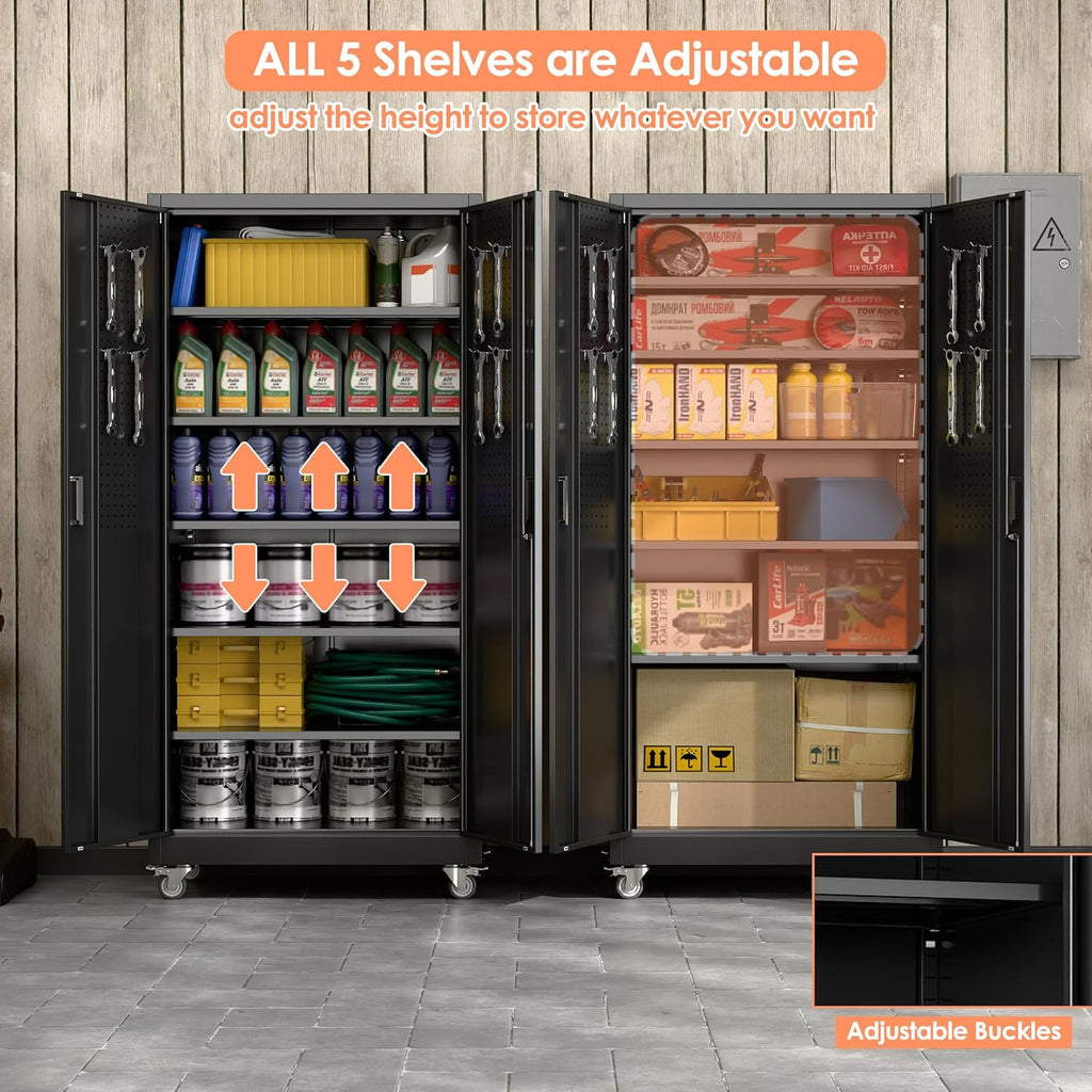 71" H×32" W×16" D Garage Storage Cabinet with Wheels, Locking Metal Storage Cabinet with 5 Adjustable Shelves, 4 Hooks and Pegboard for Garage, Home Office, Kitchen, Black, Assembly Required