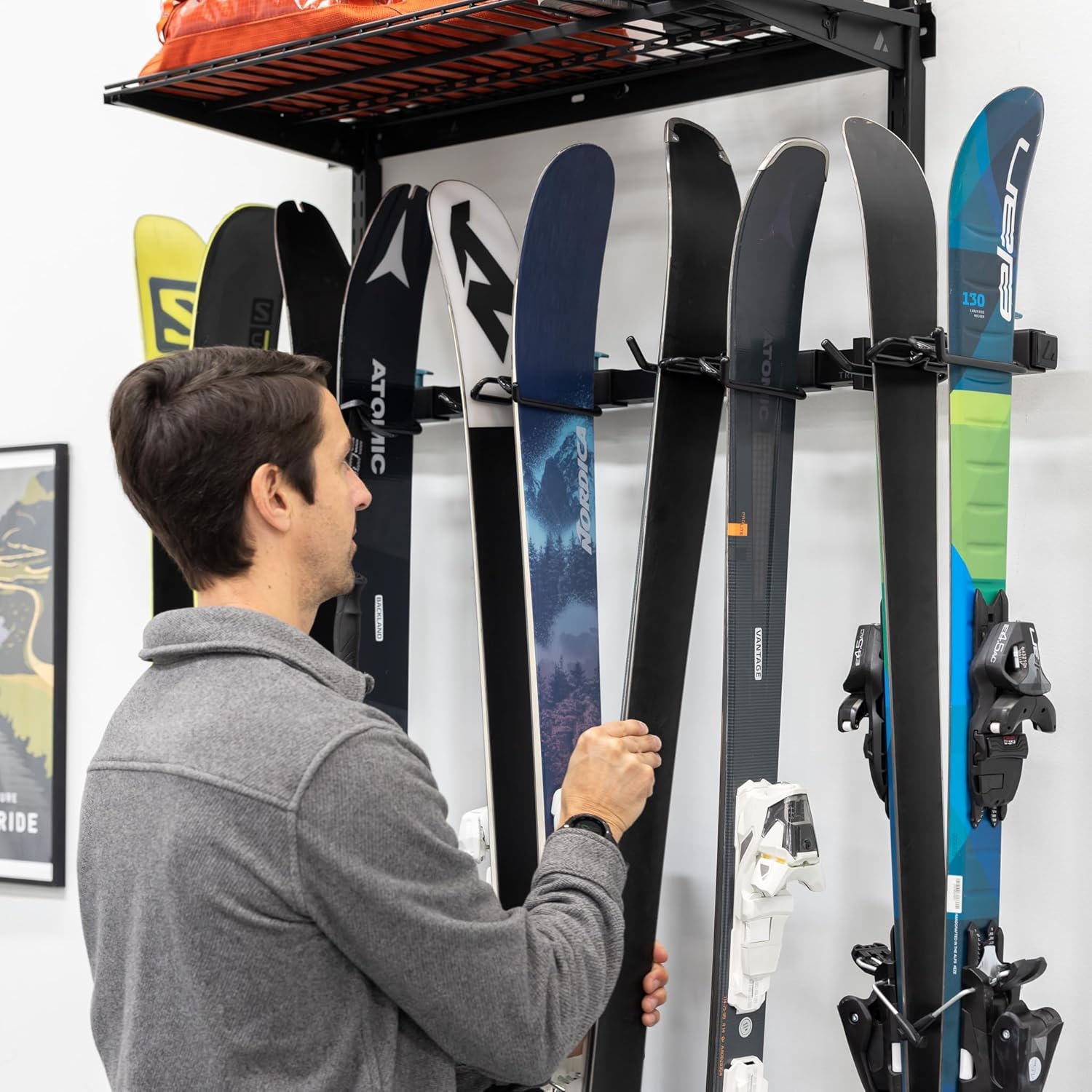 StoreYourBoard Lone Peak Ski Storage Rack and Wall Shelf, Holds 5 Pairs of Skis and Poles, Supports 300 lbs, 46 in x 13.75 in x 16 in