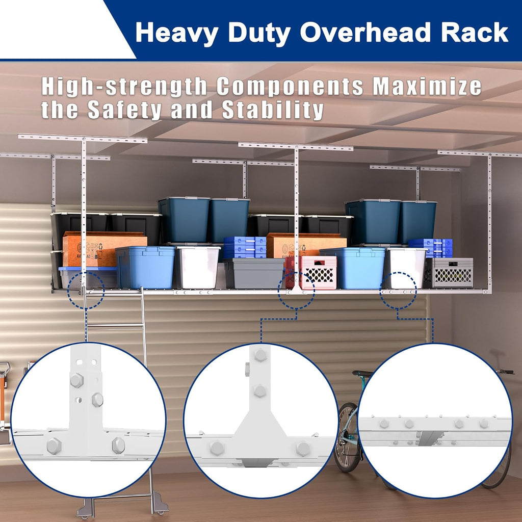 GIOTORENT 3x8FT Heavy Duty Overhead Garage Storage Rack - Adjustable Ceiling Shelving with 600lbs Weight Capacity, Metal Garage Organization System, White