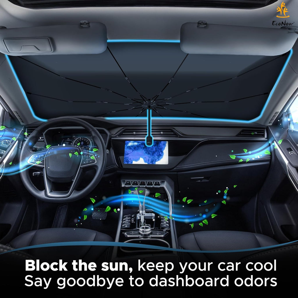 EcoNour Adjustable Car Windshield Umbrella Sun Shade | Foldable UV Protection Shade with 240T Polyester | Fits Various Windshield Angles