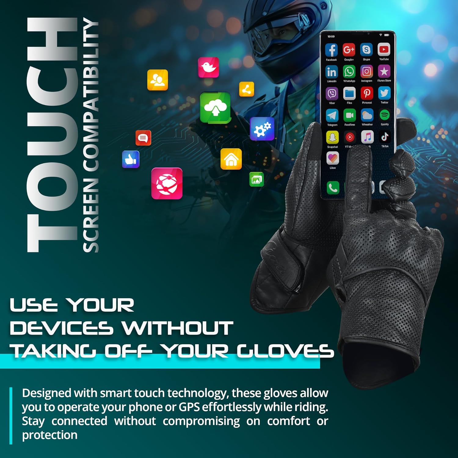 aasportx Motorcycle Gloves - Men's Leather Motorbike Gloves with Touchscreen Function - Non-Slip Pads for Men & Women