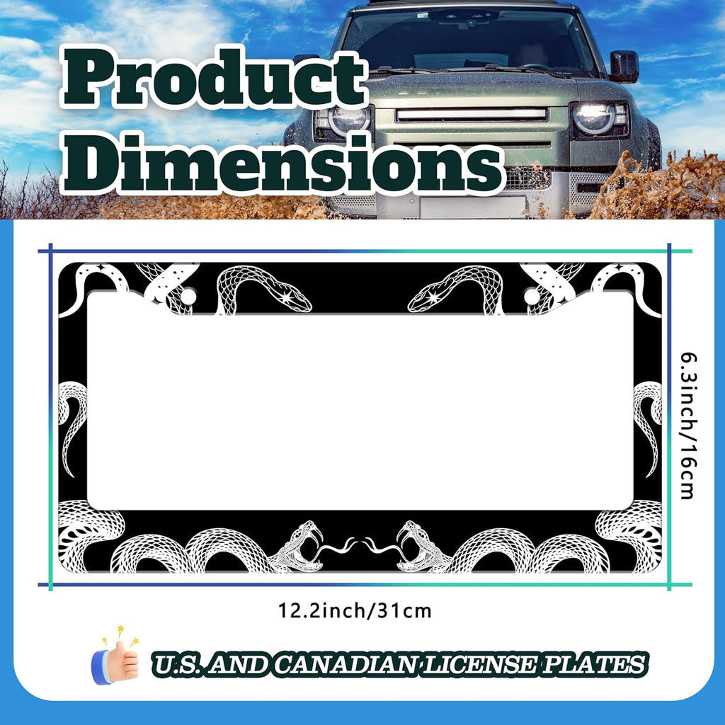 Black and White Snake Crawling License Plate Frame Gothic License Plate Holder for Front or Rear Car Tags Stainless Steel Funny Car Decoration with Screws 6.3 X 12.2 in