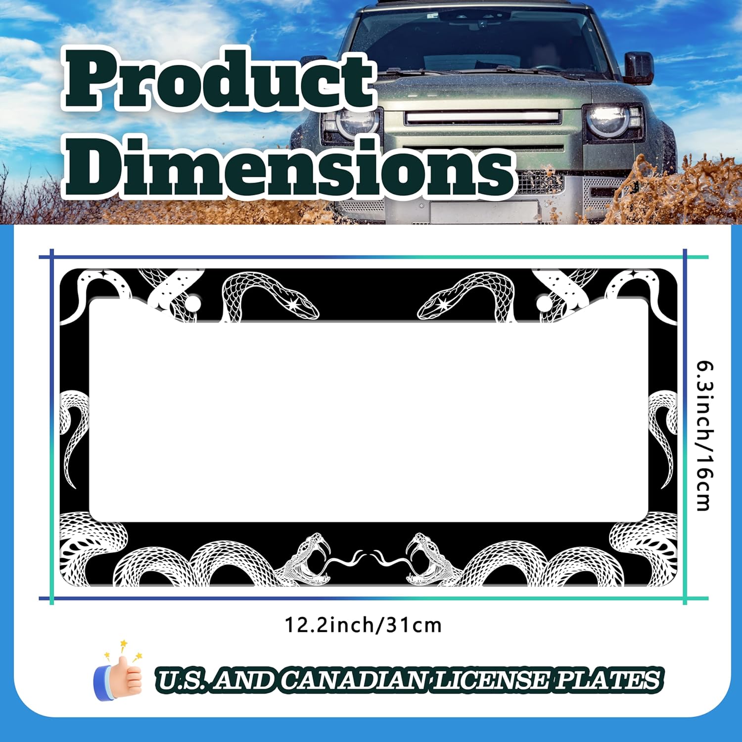 Black and White Snake Crawling License Plate Frame Gothic License Plate Holder for Front or Rear Car Tags Stainless Steel Funny Car Decoration with Screws 6.3 X 12.2 in