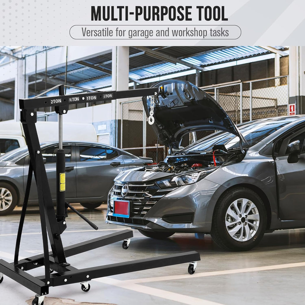 2 Ton Engine Hoist, Hydraulic Cherry Picker Engine Hoist Lift, 4400LBS Heavy Duty Crane Lifter with 6 Casters and Telescopic Boom, Foldable & Portable Design, for Garage, Workshop, Warehouse (Black)