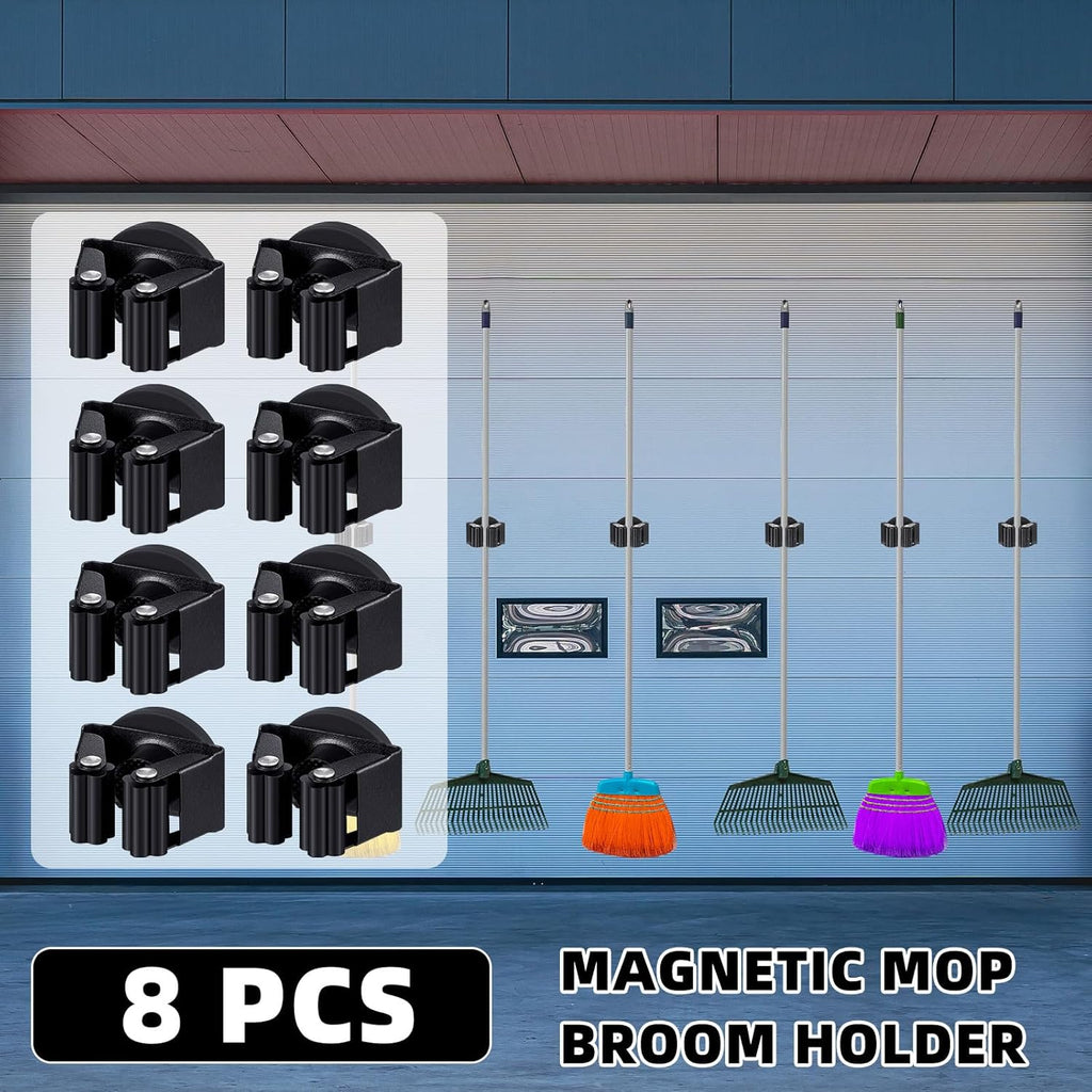 8 Pcs Magnetic Mop Broom Holder Movable Magnetic Broom Holder Rack, Anti Slip Wall Mounted Utility for Cleaning Tools, Garage, Kitchen, Laundry, Garden (Black)