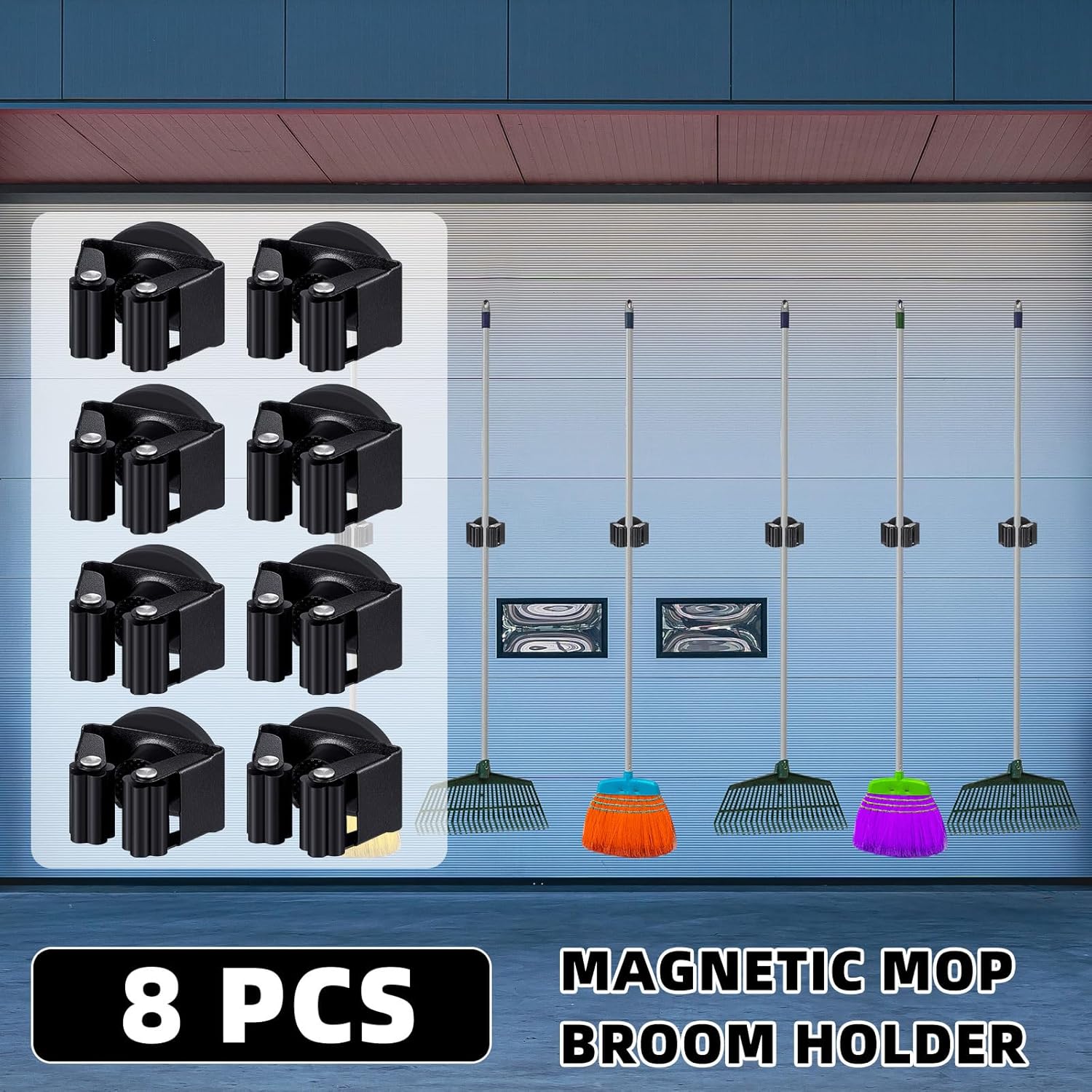 8 Pcs Magnetic Mop Broom Holder Movable Magnetic Broom Holder Rack, Anti Slip Wall Mounted Utility for Cleaning Tools, Garage, Kitchen, Laundry, Garden (Black)