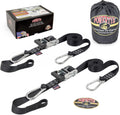 PowerTye - Made in USA - Extra Long Ratchet Tie Down Straps, Heavy Duty with Carabiner Hooks, Soft-Tye & Bag, for Motorcycle, ATV & Cargo, 1,000 lb WLL, 1.5 inch x 10ft Long, Black/Black (Pair)