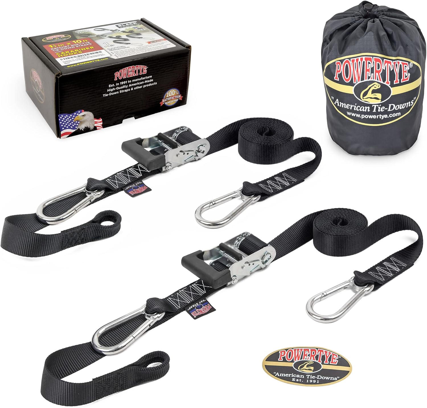 PowerTye - Made in USA - Extra Long Ratchet Tie Down Straps, Heavy Duty with Carabiner Hooks, Soft-Tye & Bag, for Motorcycle, ATV & Cargo, 1,000 lb WLL, 1.5 inch x 10ft Long, Black/Black (Pair)