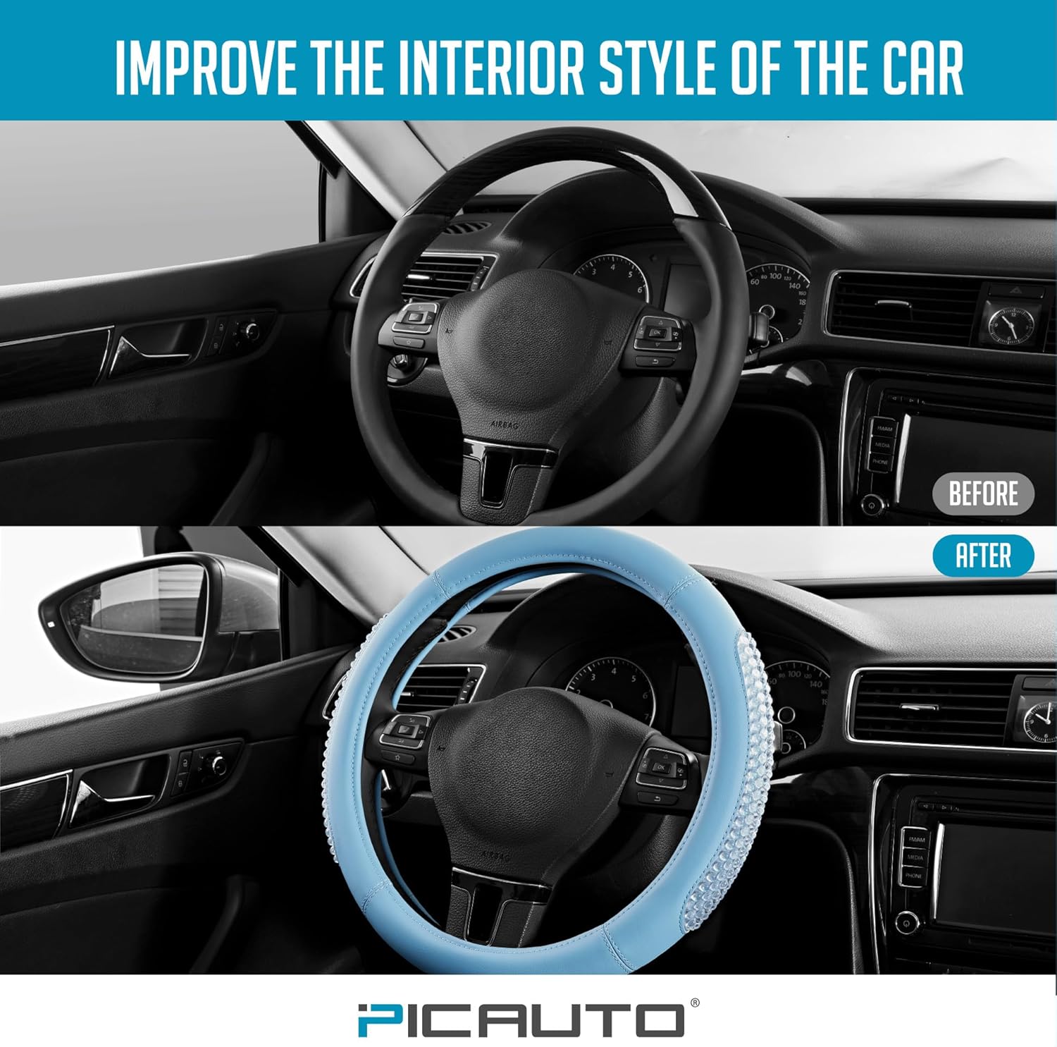 PIC AUTO Gel Particles Steering Wheel Cover, Blue Luxury Leather Car Steering Wheel Protector, Universal Fit 14.5"-15.5" Anti-Slip Car Interior Accessories for Girls & Womenn