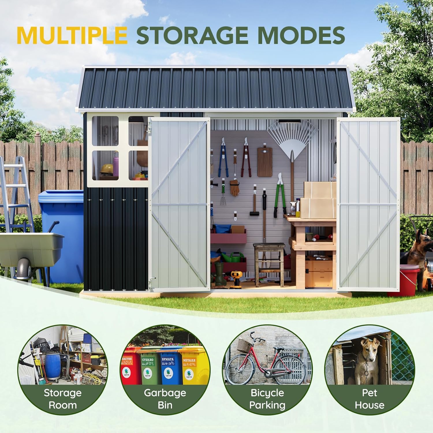 Breezz 6X8FT Outdoor Steel Storage Shed with Frame Floor,Clear Window, Lockable Doors, Weather-Resistant Metal Tool Shed for Garden, Backyard, Patio, and Utility Storage,Nightblue