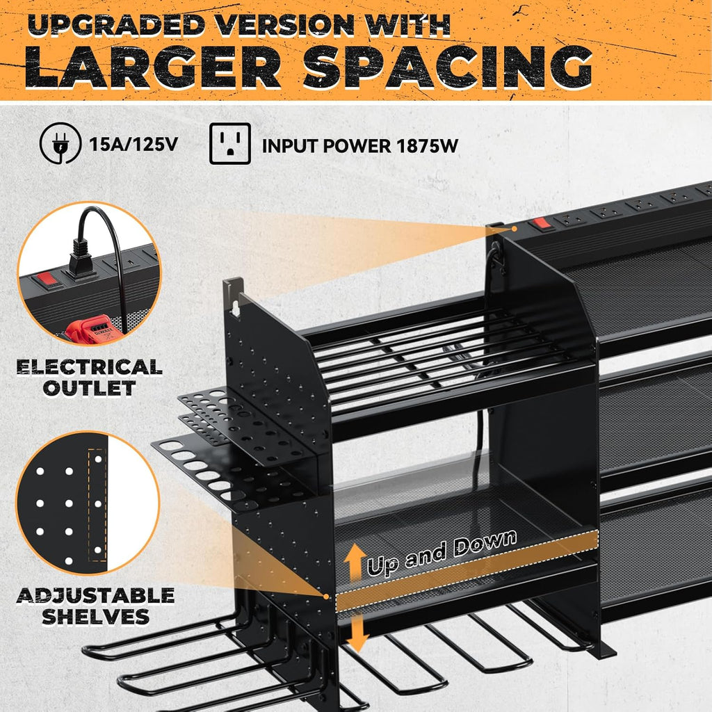 Upgrade Large Power Tool Organizer Wall Mount with Charging Station Tool Storage Rack with 6.5FT Power Strip 10 Drill Holder and Storage Rack for Garage Organization