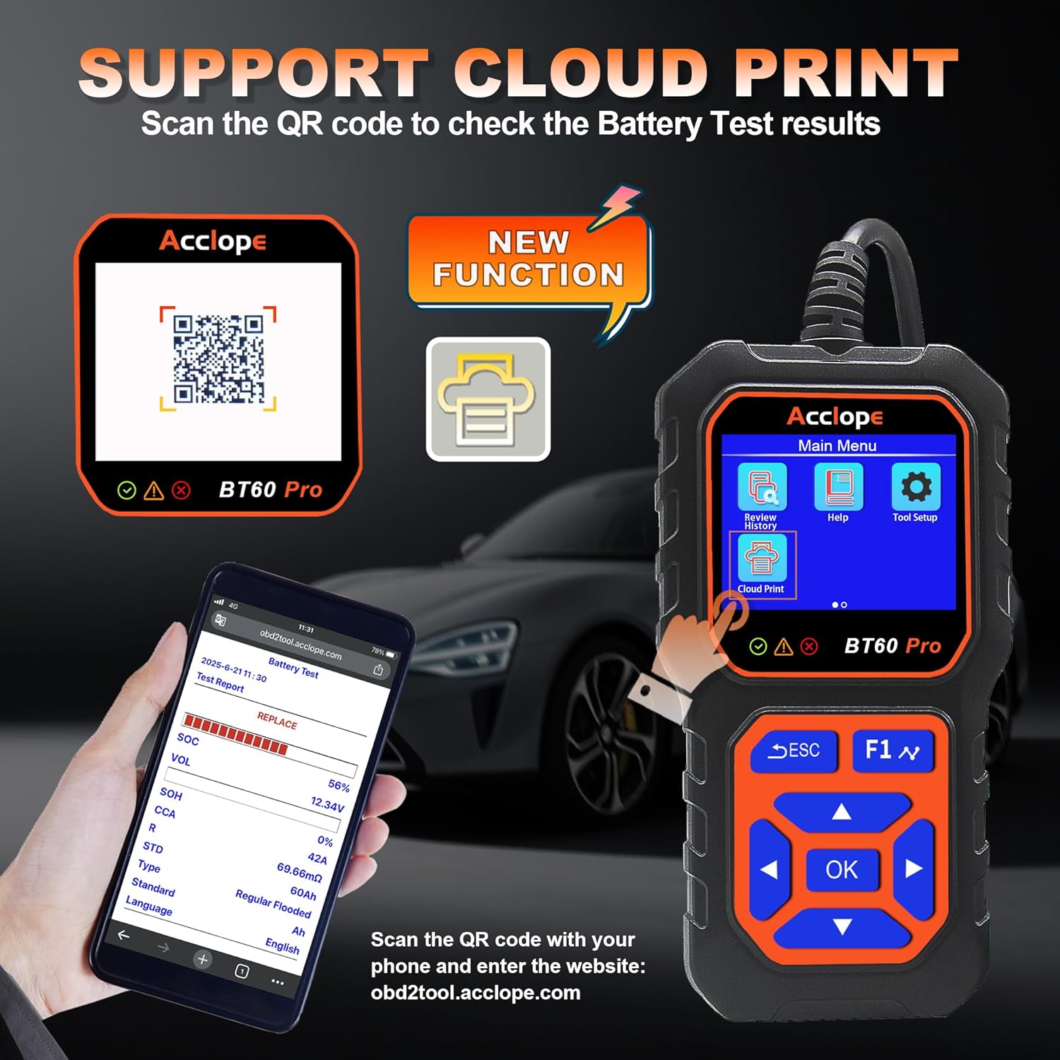 BT60 Pro Acclope Car Battery Tester with Cloud Printing 100-3000 CCA 6V 12V 24V AGM Lithium Gel Battery Checker Automotive Alternator Digital Analyzer Charging Cranking System Vehicles Truck Home-use