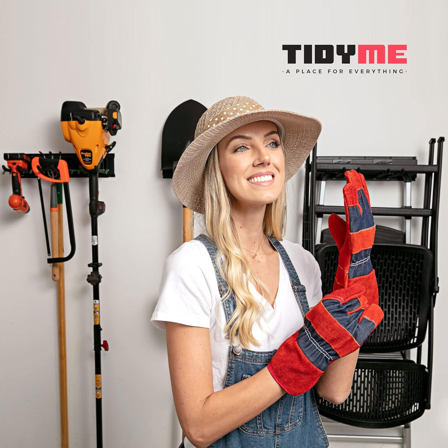 Garage Wall Organizer | 48" Heavy-Duty Tool Storage Rack | Adjustable Double-Layer Hooks | 300 lbs Capacity | Carbon Steel Wall Mount Holder for Shovels, Rakes, Ladders & Power Tools