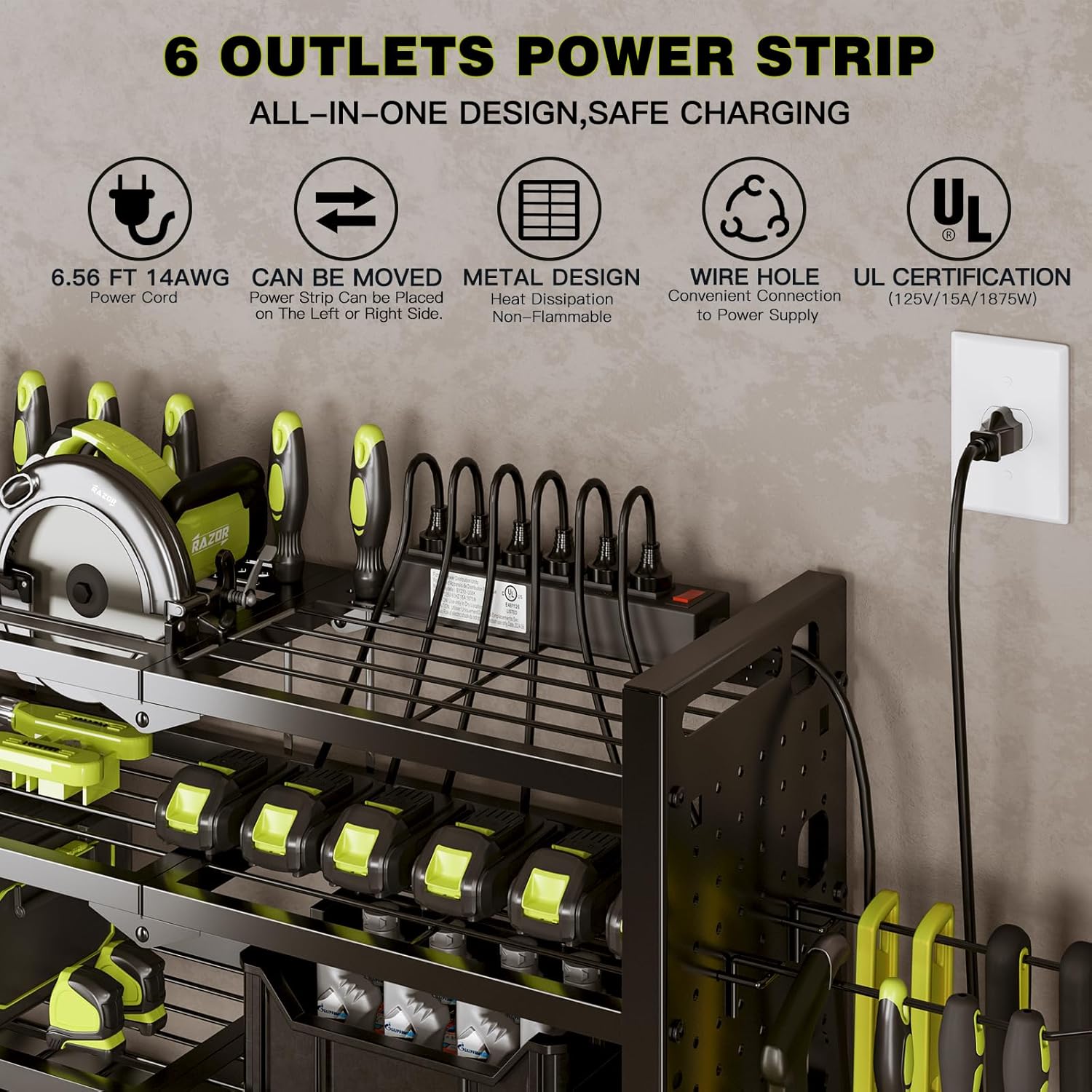 Power Tool Organizer Wall Mount with Charging Station 4 Layer 6 Slot Cordless Drill Holder with Angle Grinder Holder (Black)