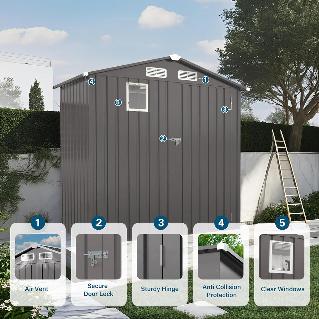 6 x 4 FT Outdoor Storage Metal Shed, Bike Garden Tool Shed with Slooping Roof, Lockable Doors and Aluminum Frames, Shed Easy to Assemble for Garden, Patio, Lawn, Black
