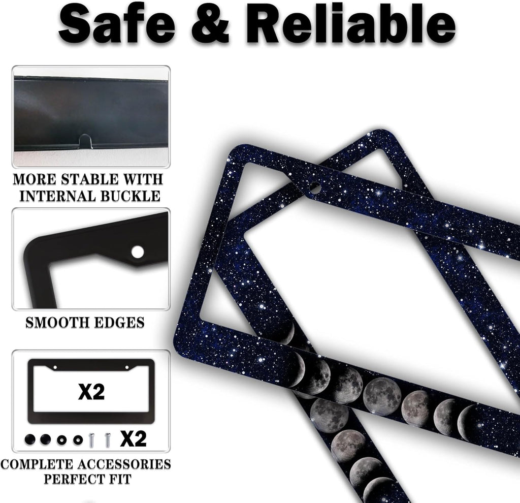Automotive Exterior Accessories Black and White License Plate Frames Celestial Moon Phases Aluminum Metal Car Accessory 2 Pack with Screw Covers Set