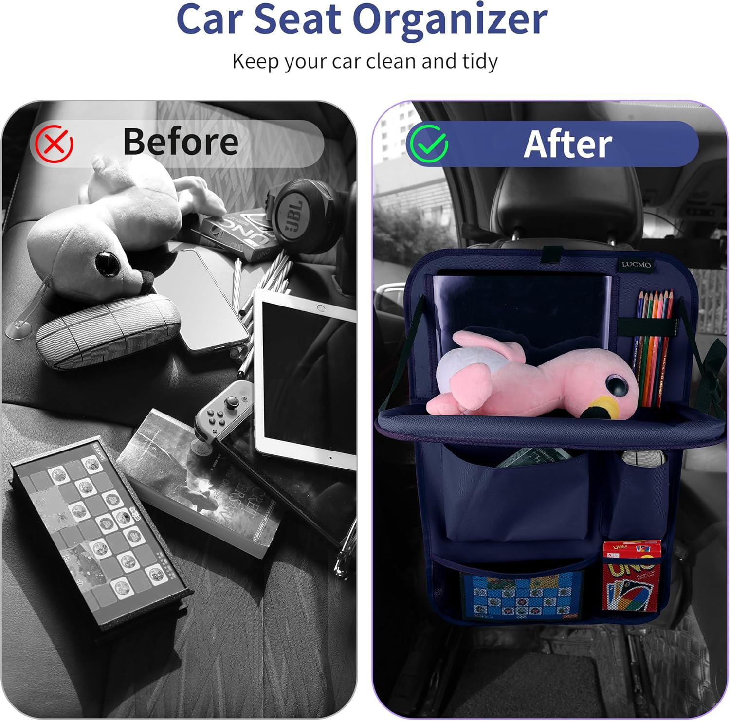 LUCMO Car Backseat Organizer with Tablet Holder-2 Pcs,6 Storage Pockets Car Storage Organizer with Foldable Food Tray,Protectors Kick Mats Travel Accessories-Dark Blue