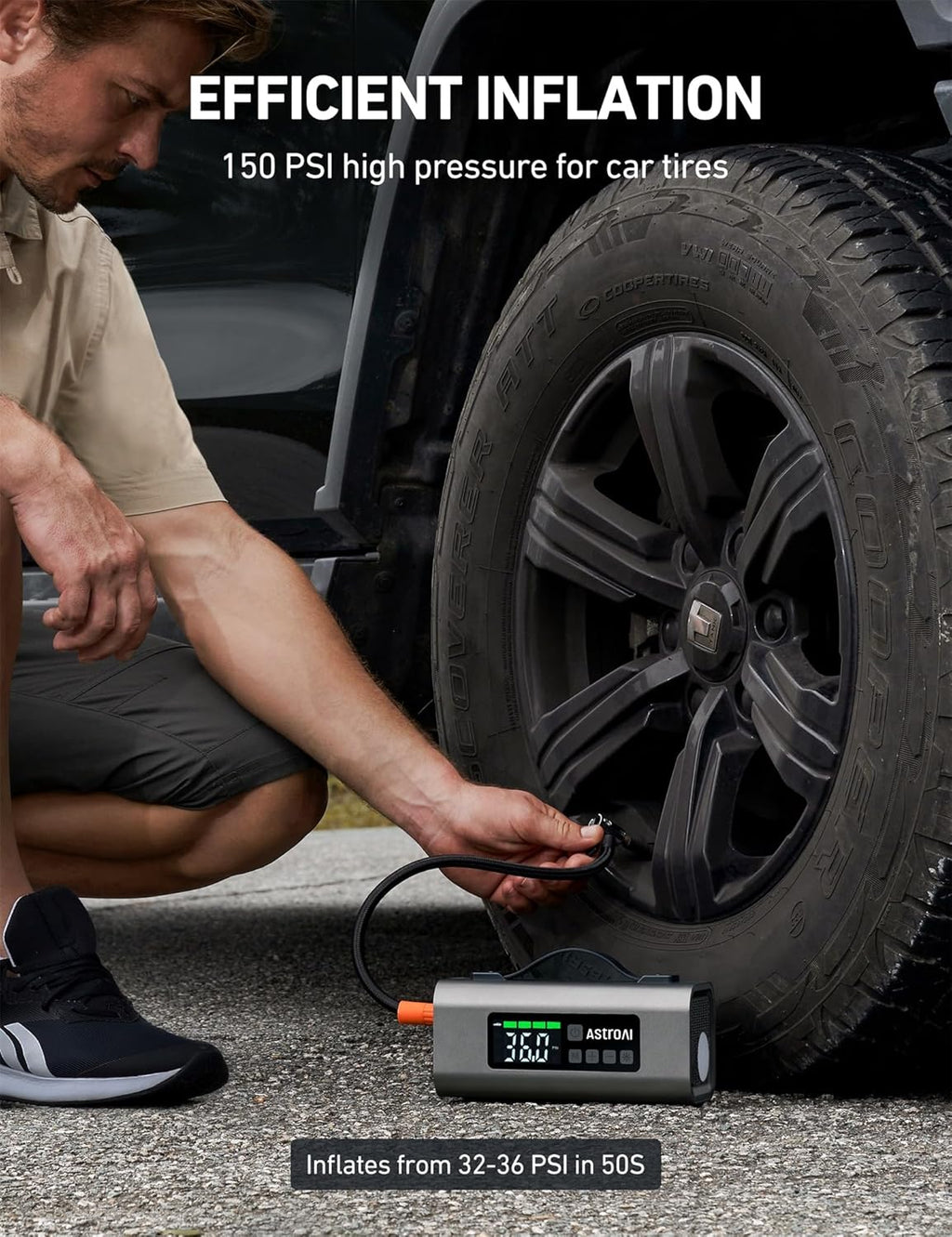 AstroAI Portable Car Battery Jump Starter with Air Compressor 2500A 150PSI 30W Quick Charger, 14800mAh Jump Box (7.5L Gas & 5.0L Diesel) 12V Jump Box with Booster, LED Light, Jumper Cables
