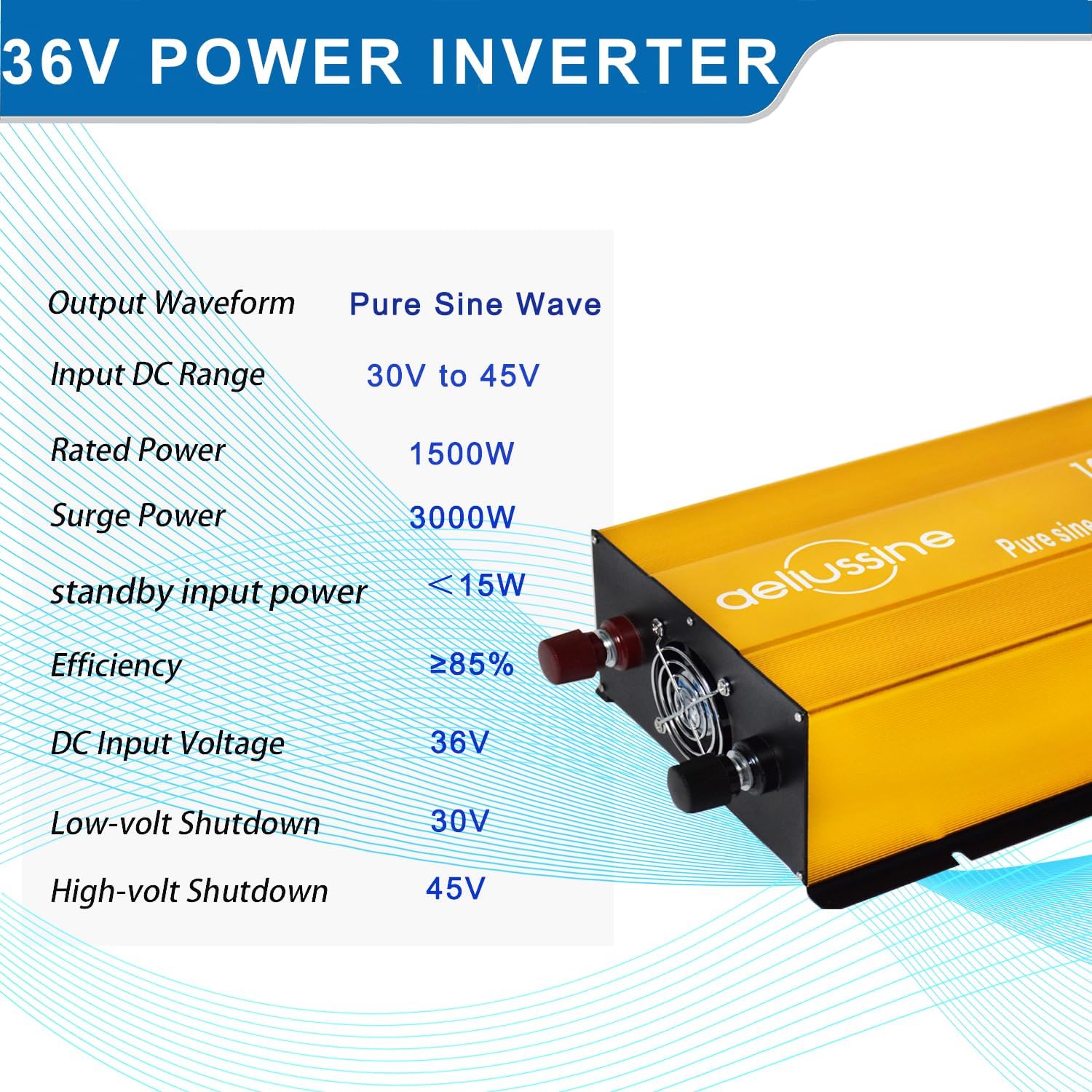 1500W Pure Sine Wave Inverter-36V DC to 110V 120V AC Power Converter with 2 AC Outlets, 36 Volt Power Inverter for Truck, Rv, Camping, Home, Emergency Power