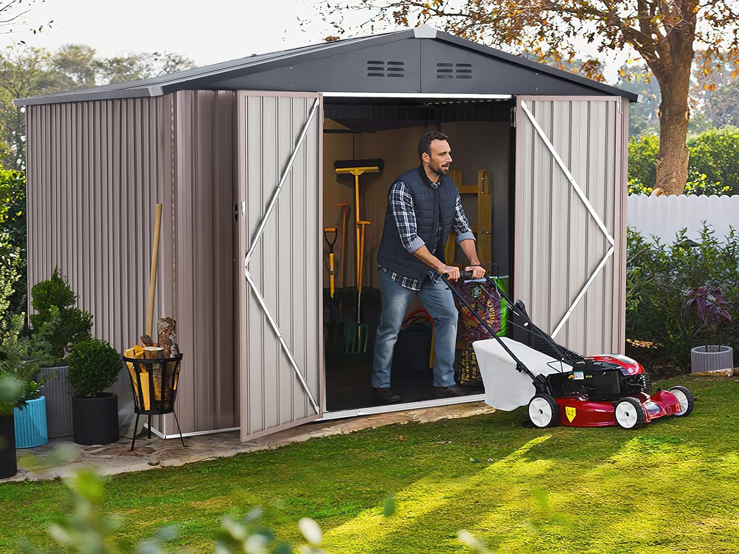 AECOJOY Shed 8' x 10' Outdoor Storage Metal Shed, Steel Yard Shed with Design of Lockable Doors, Utility and Tool Storage for Garden, Backyard, Patio, Outside use