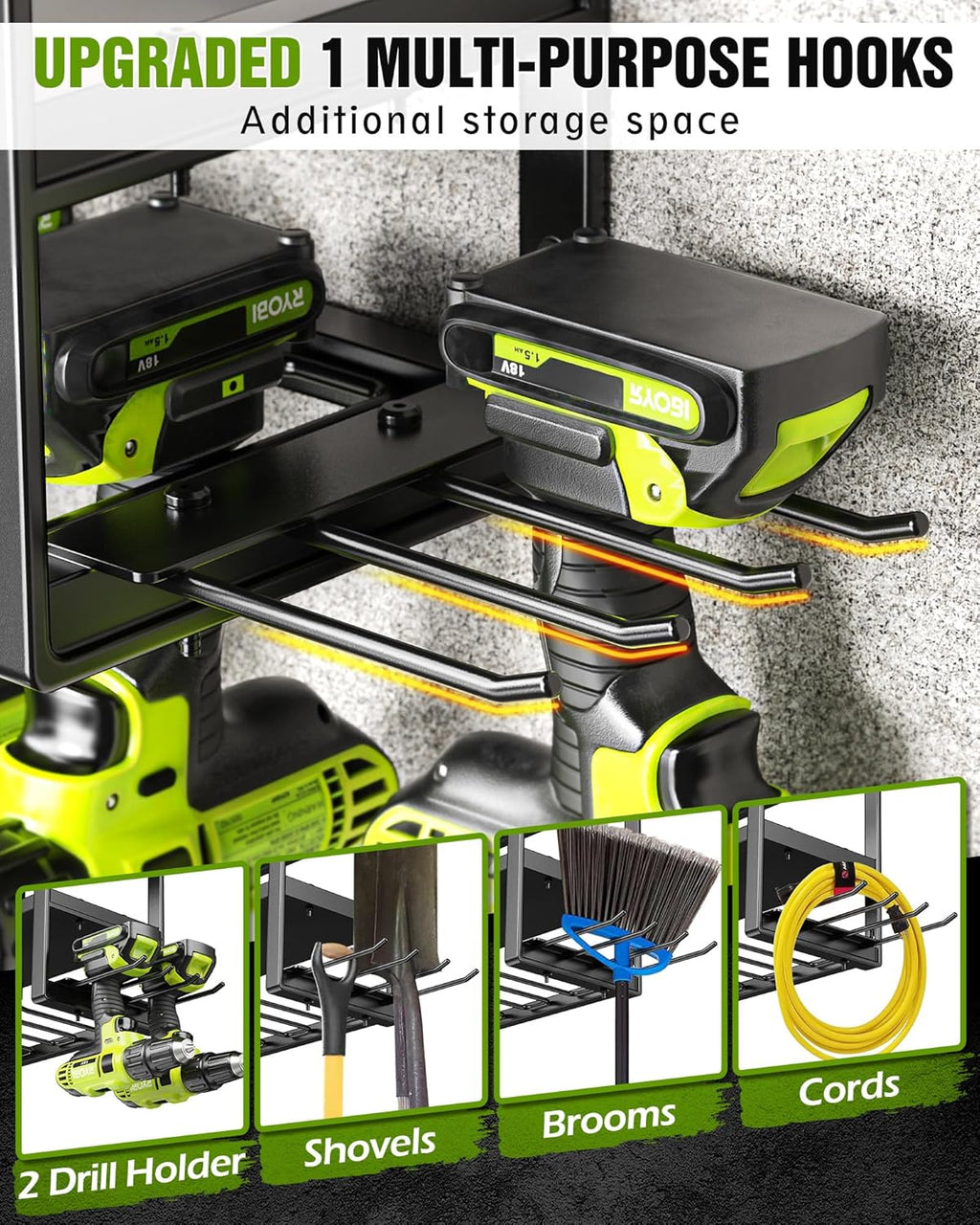 MAXIFFE 4 Layer Power Tool Organizer Wall Mount, Heavy Duty Metal Cordless Tool Organizers and Storage Rack Holder with 9 Drill Holders for Garage Storage Organization, Gifts for Men, Black, 26 inch