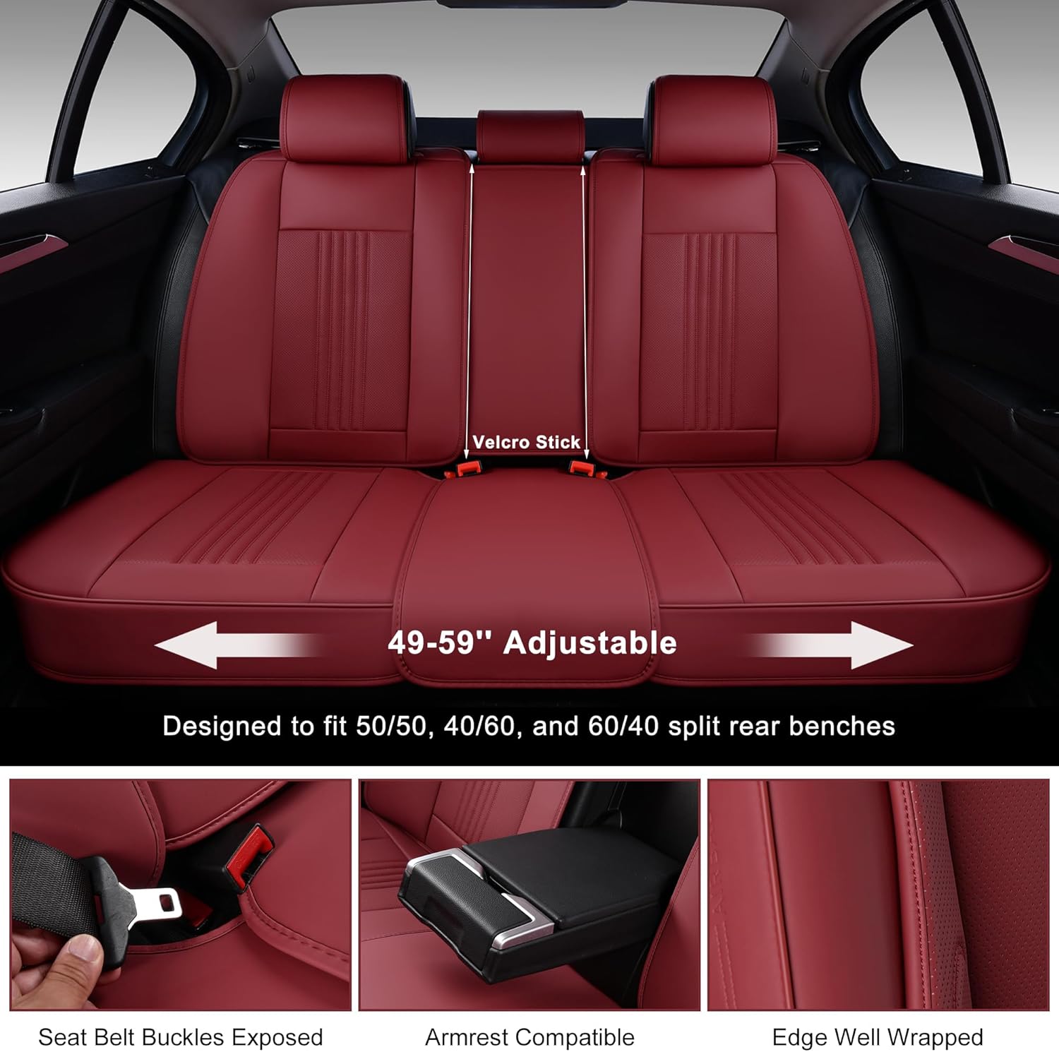 Car Seat Covers Full Set, Front and Rear Seat Covers for Cars, Waterproof Leather Auto Seat Protectors with Head Pillow, Car Seat Cushions Fit for Most Sedans SUV Pick-up Truck, Wine Red