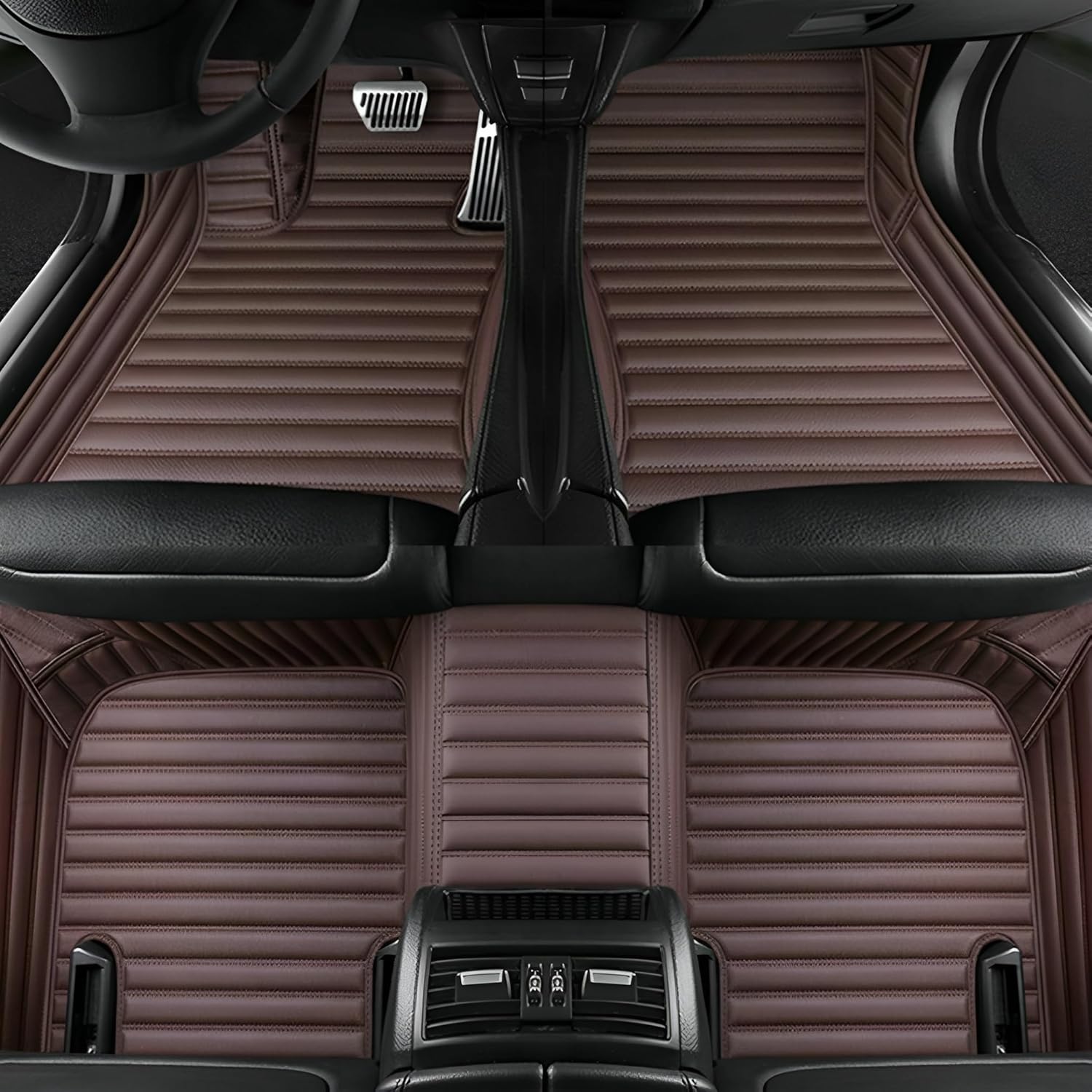 Add Personal Touch to Your Vehicle with IMEISH Customizable Logo Text Car Mats for 99% of vehiclesPads Protection Non-Slip Leather Floor Liners (Brown Stripe)
