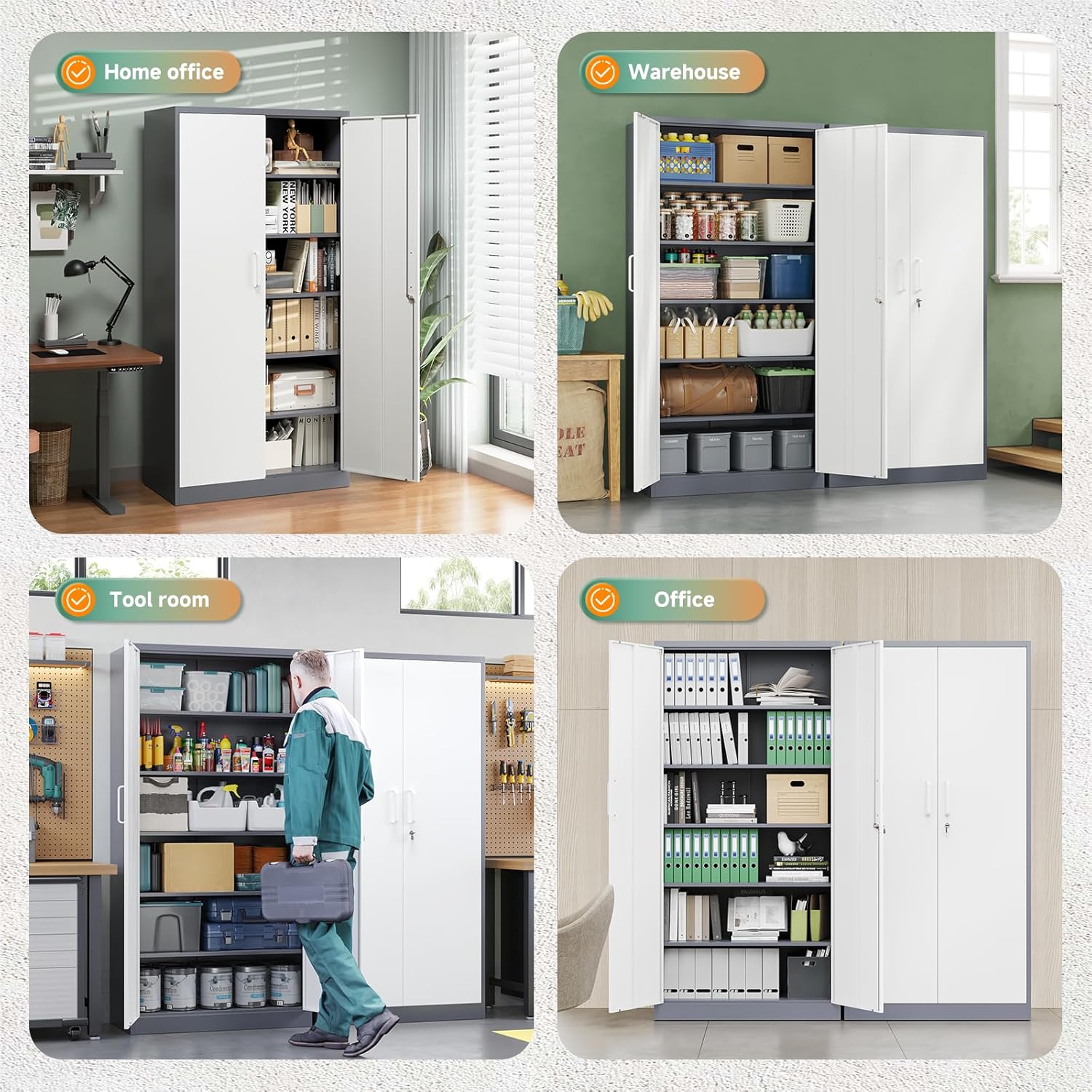 Letaya Metal Storage Cabinet with Lock Door and 5 Shelves,6 Tier Steel Garage Tool Cabinet for Home Office Utility Room 72" H X 36" W X18 D (White Gray)
