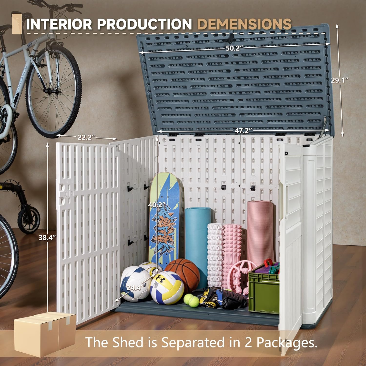 Devoko Resin Outdoor Storage Shed, 34 Cu Ft Outdoor Storage Cabinet Without Shelf, Waterproof, Double Locks, Resin Storage for Trash Can, Garden Tools, Pool Supplies (Beige)