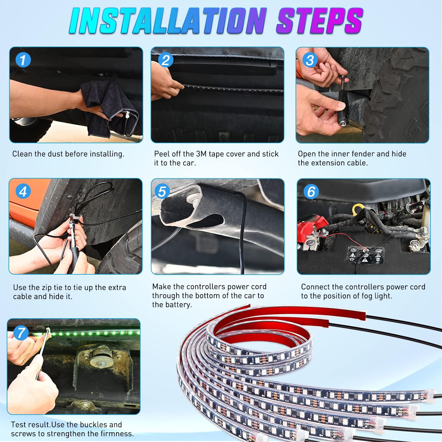 Nilight 6Pcs Car Underglow Neon Accent Strip Lights 300 LEDs RGB Multi Color DIY Sound Active Function Music Mode with APP Control and Remote for Van SUV Truck