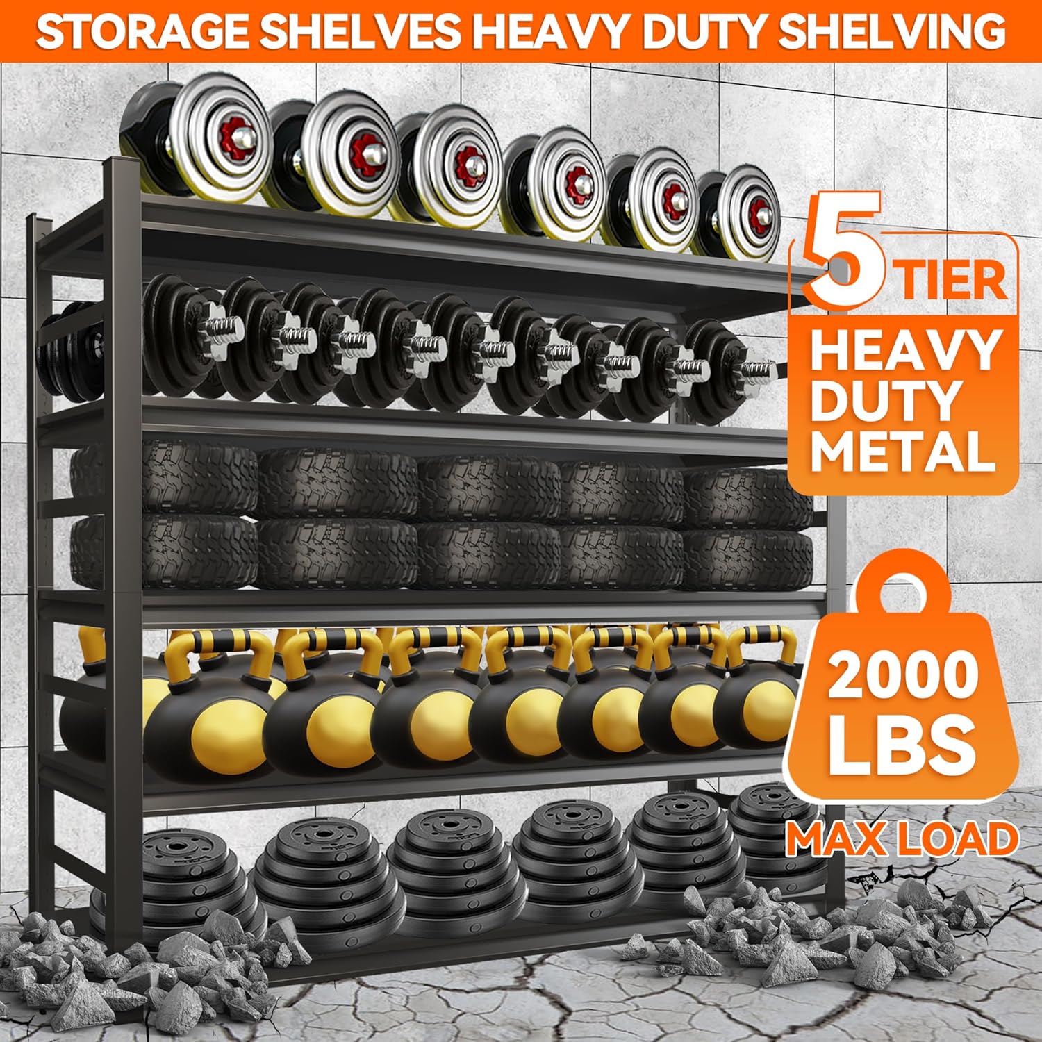 Adjustable Heavy Duty Metal Garage Shelving Unit with Fence, 5-Tier Storage Rack for Garage, Basement, or Warehouse, Durable Steel Shelves for Tools & Equipment, 63" H x 32" W x 16" D, Black