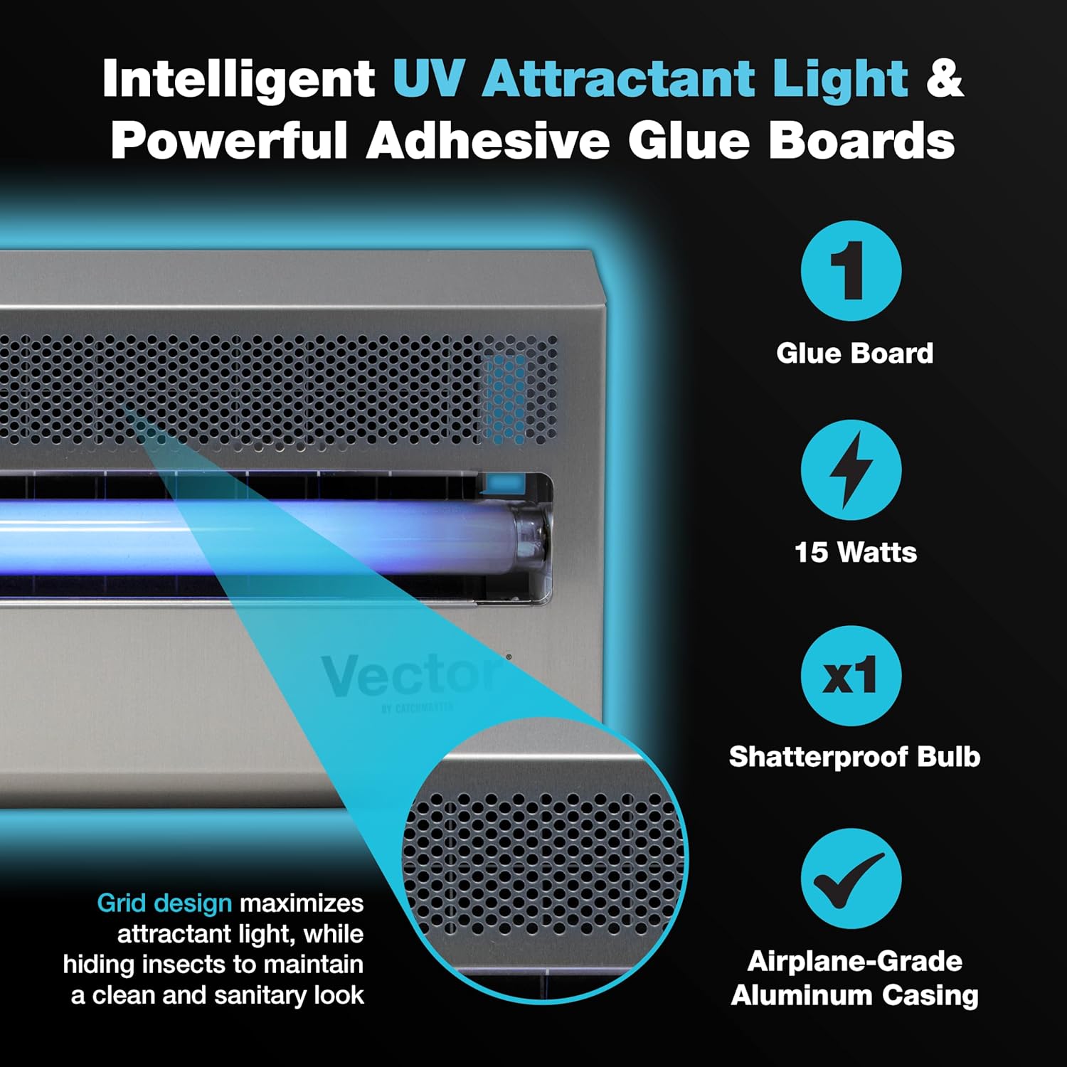 Catchmaster Vector 15, UV Light Fly Traps Indoor for Home, Electric Gnat Traps for House Indoor, Shatterproof Bulbs UV Lamp Fly, Insect & Mosquito Killer, Silent Bug Light for Kitchen, Shed, Garage