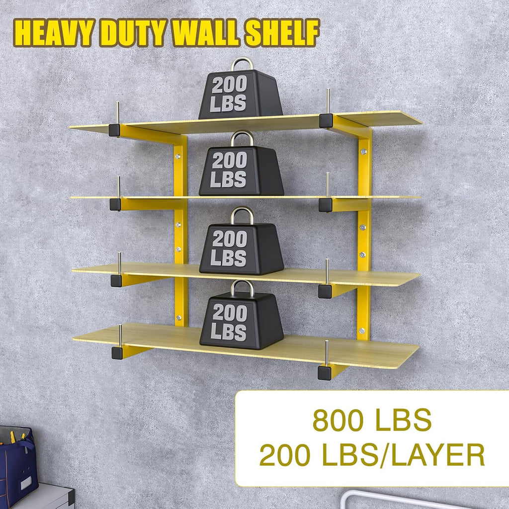 2-Pack Lumber Storage Rack, Wood Storage Racks Wall Mount, Heavy Duty Garage Wood Organizer with 4-Level System, Yellow Utility Rack Organization Up 800 Lbs, Metal Lumber Shelf for Indoor and Outdoor
