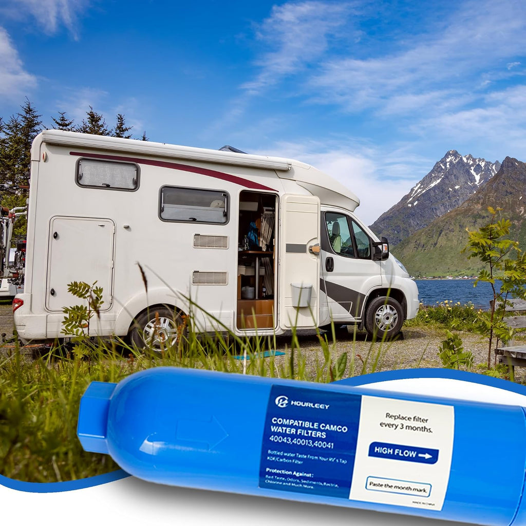 Hourleey 2 Pack RV Inline Water Filter with 2 Flexible Hose Protector, Reduce Bad Taste, Odors, Rust, Fluoride, Chlorine and Sediment in Drinking Water, Dedicated for RVs Campers Marines