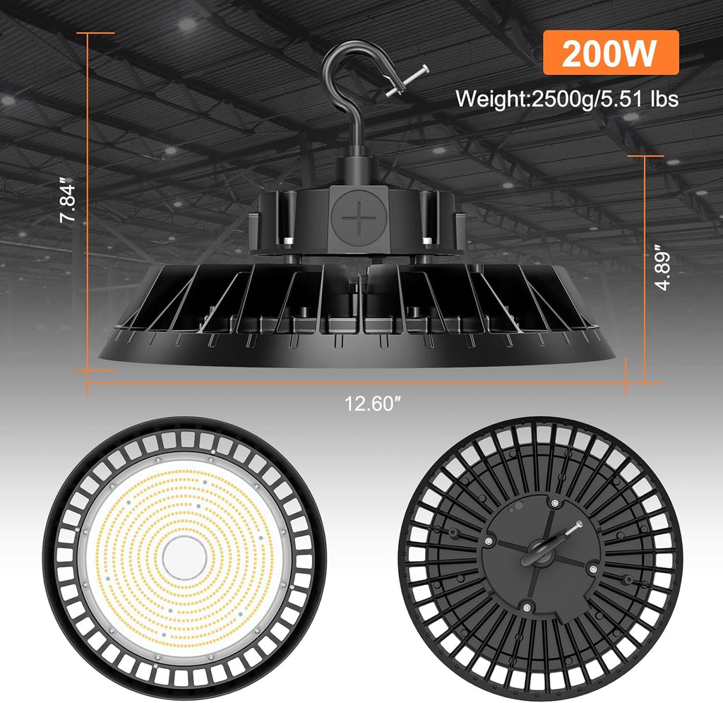 LED High Bay Lights, 200W UFO High Bay LED Shop Lights, 30000LM Adjustable CCT(5700K 5000K 4500K) & Power(200W 150W 100W), 0-10V Dimmable, 5' Cable Plug, IP65 Waterproof, ETL & DLC Listed High Bay