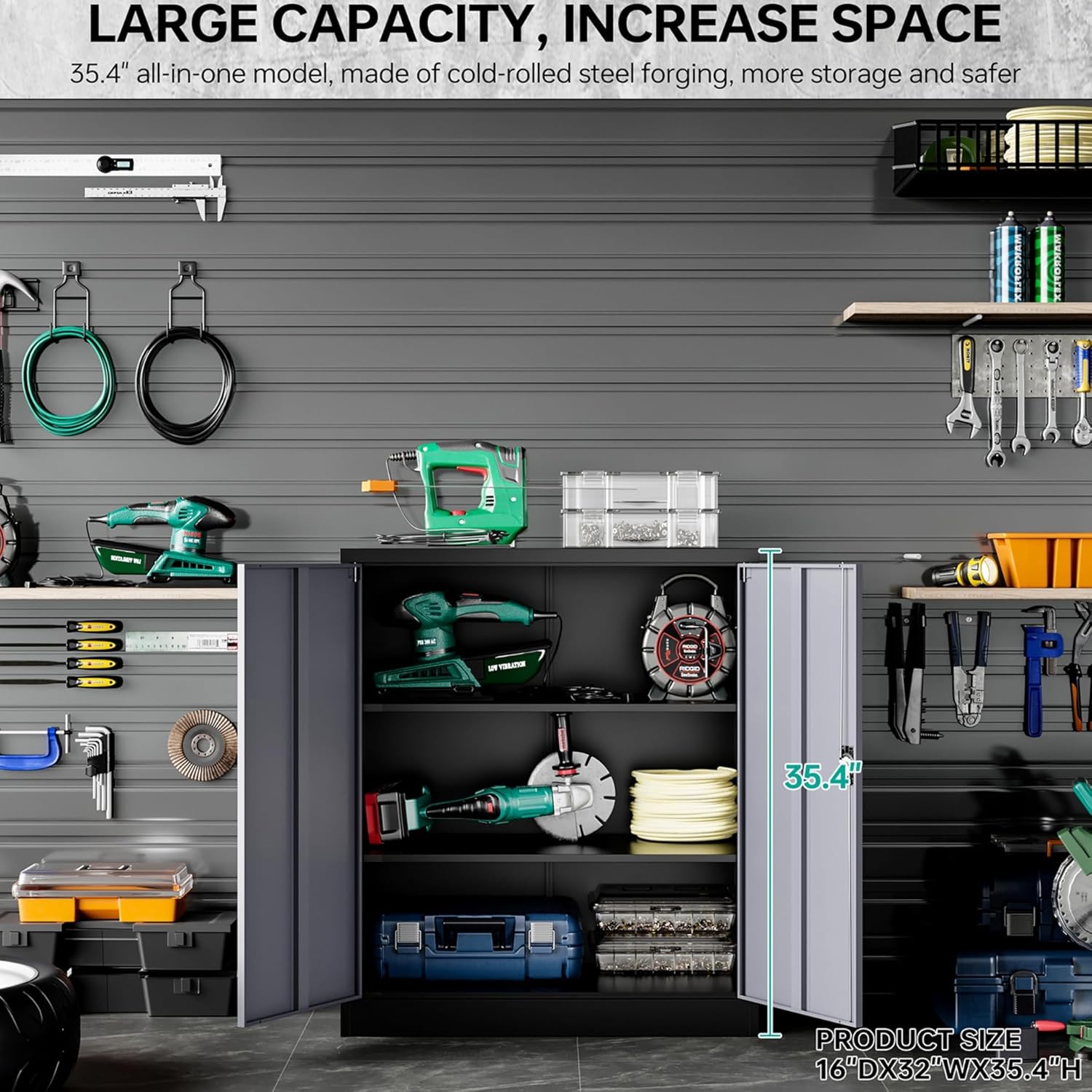 SISESOL Small Metal Cabinet with Shelves,36 inch Garage Storage Cabinet with Lock,Gray Metal Storage Cabinets with Locking Doors,Small Steel Lockable Cabinets for Home,Office,Shop,Garage